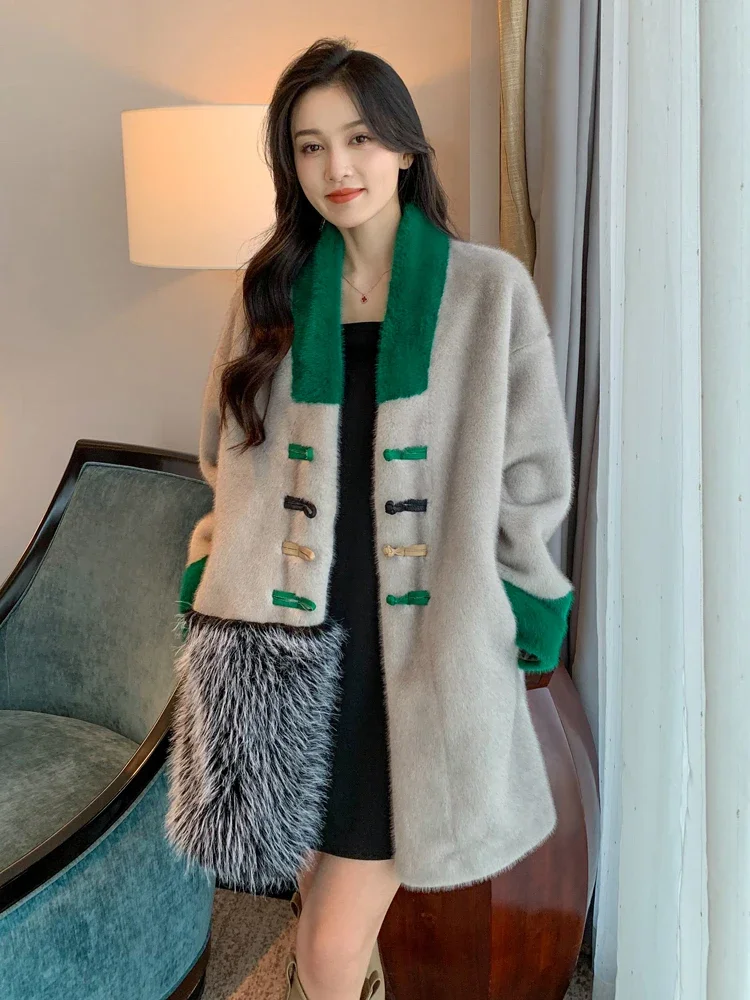 Mink Fur Jacketผู้หญิง2024ฤดูหนาวVคอกบแขนยาวSpliceกลางความยาวเสื้อWarm Fluffy Neoสไตล์จีนRetro