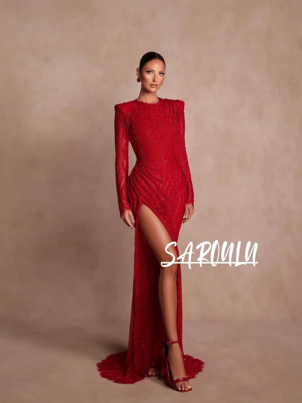 

Stunning Red Sequined Beaded Evening Gown With Long Sleeves Sexy High Slit Formal Party Wedding Red Carpet Prom Dress Customized