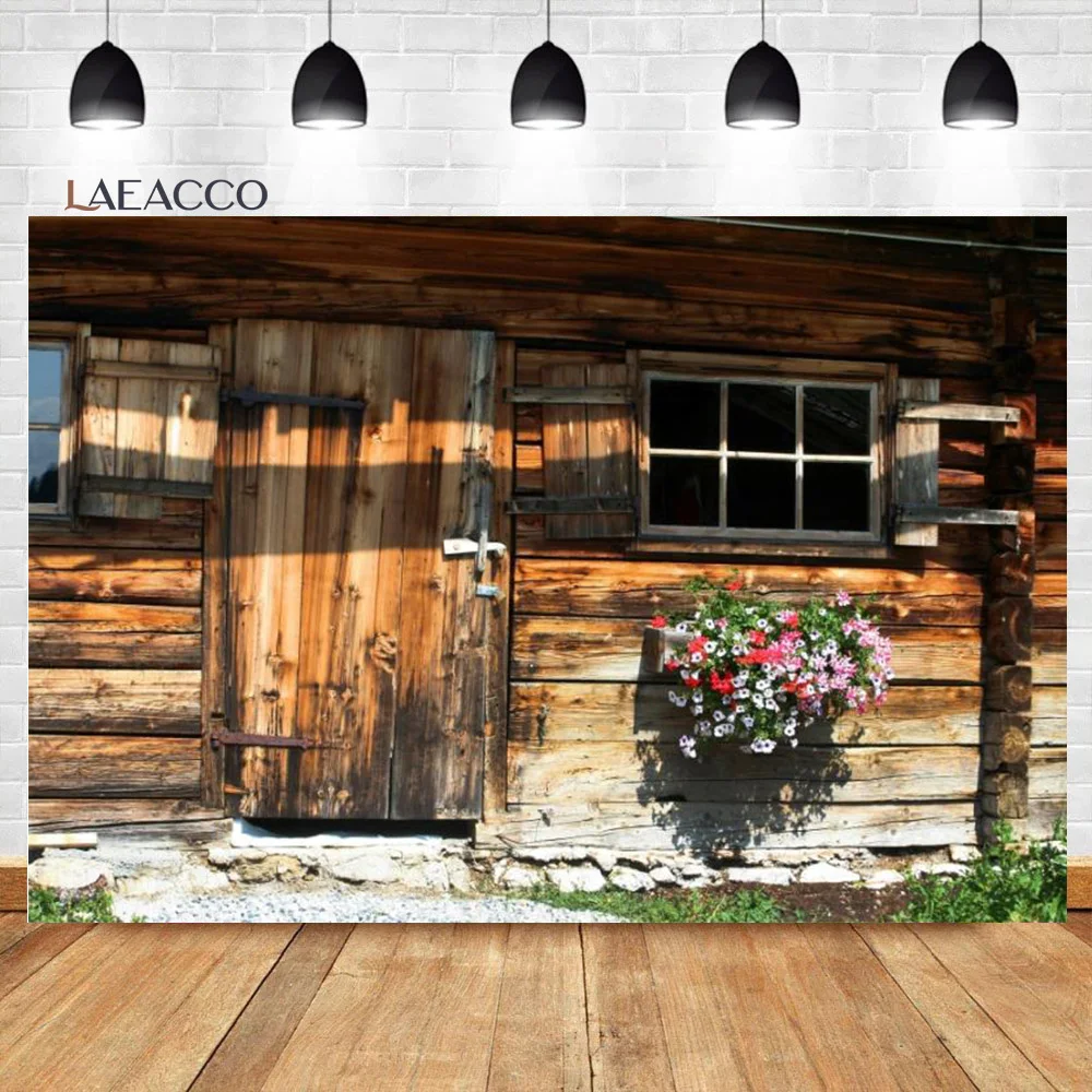 Laeacco Rustic Wood House Photocall Photography Background Spring Flower Old Wheel Kids Adult Portrait Backdrop for Photo Studio