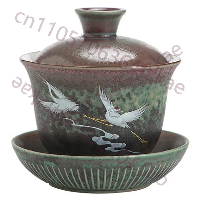 Anti-scald Large Ceramic Tea Bowl with Lid, Anti-scald Bowl, Sancai Gaiwan, Hand Painted, Cover Bow, Chinese Kungfu Tea Cup