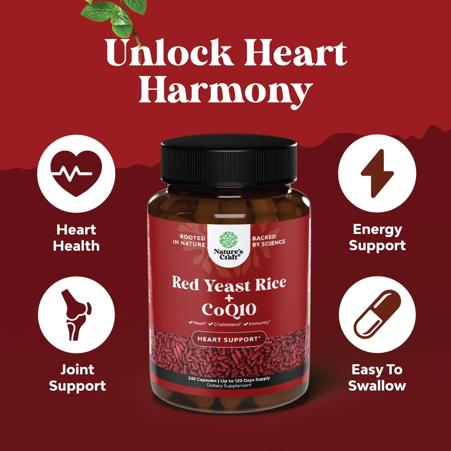 Red Yeast Rice CoQ10 Capsules - Antioxidant, Helps Maintain Healthy Circulation, Cardiovascular & Heart Health Support, Non-GMO