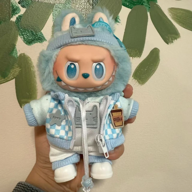 For Labubu 17cm Doll Clothes Cute Plush Doll Clothes Headband Hoodie Coat Trousers Doll Dress Up for Labubu Dolls Fans Gift