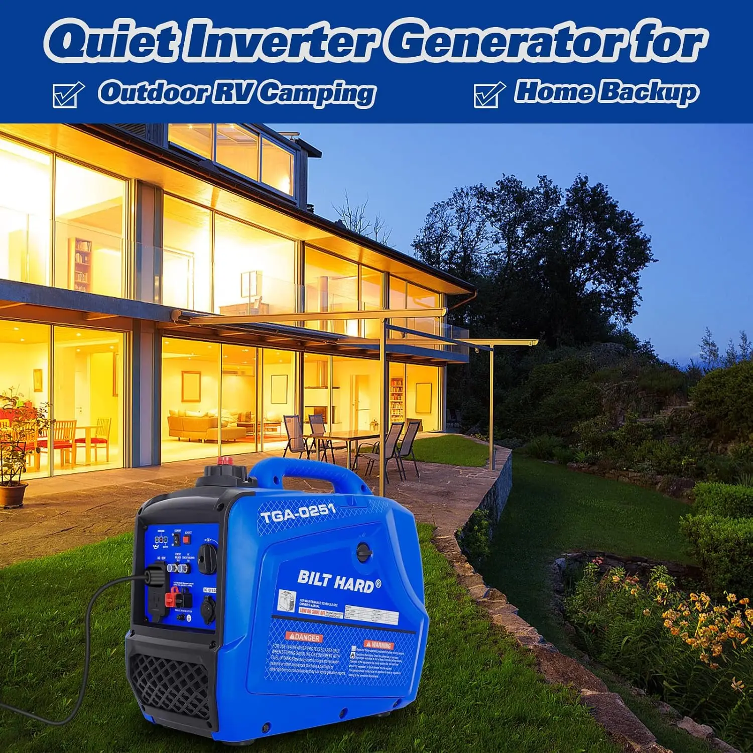 Generator 2500 Watt, Quiet Inverter Generator Portable 80cc 4 Stroke Engine, 120V AC Duplex Receptacle and 12V DC Output