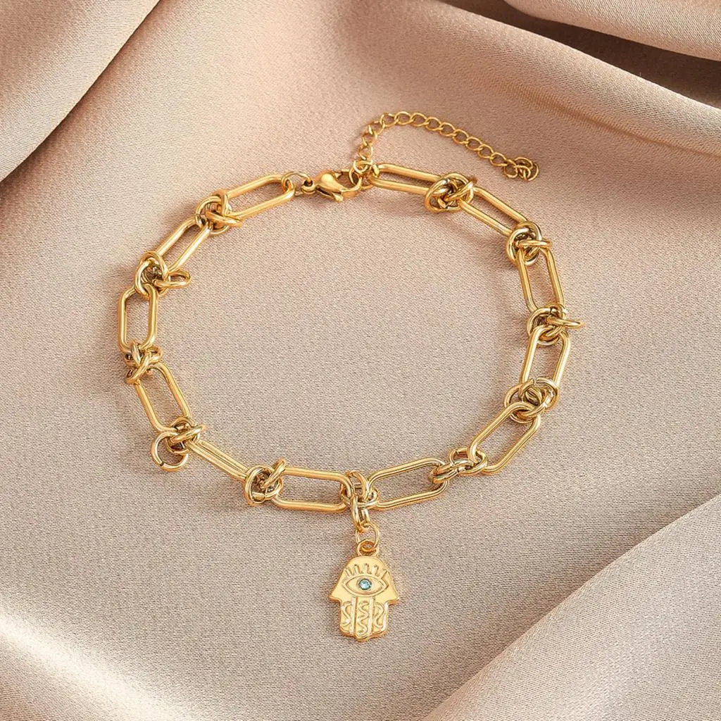 Cxwind Simple Laser Engraved Fashion Bracelet Evil Eye Hamsa Hand Charm Bracelet Birthday Gift for Lovers