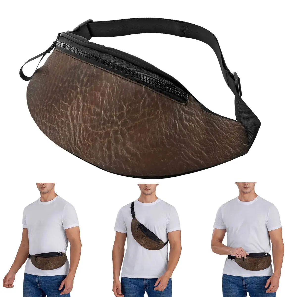 

Crossbody Waist Bag Dark Brown Leather Effect Material Men Women Fanny Pack Traveling Running Money Phone Pouch