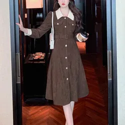 French Style Fashion Autumn Winter New Corduroy Dresses Women Lapel Button Patchwork Long Sleeve Corset Mid-length Shirt Dresses