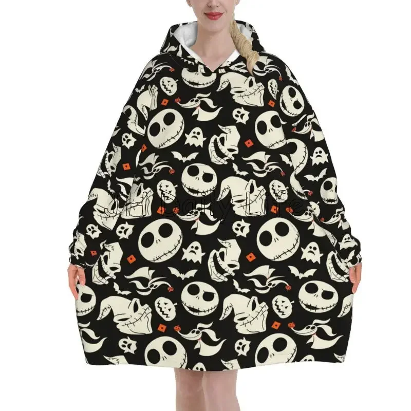 Manta con capucha para mujer, jersey de gran tamaño, sudadera de franela polar, manta Sherpa con bolsillos, murciélagos de Halloween, diablo