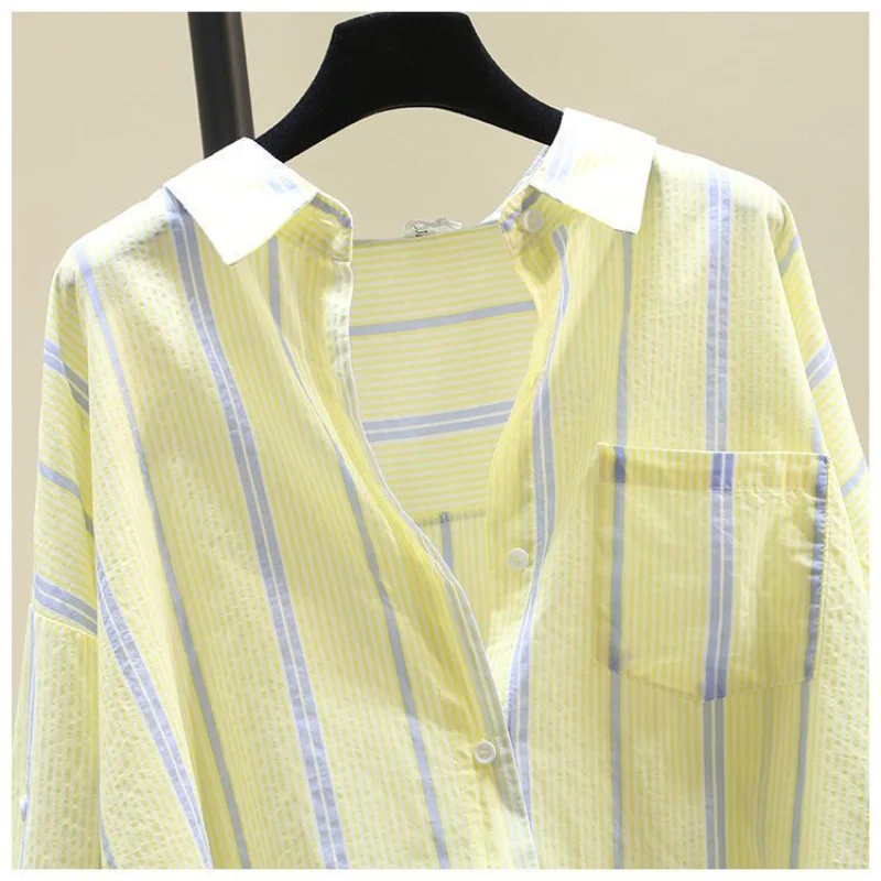 Autumn and Winter Commuter Women\'s Clothing Korean Version Versatile Splice Pockets Button Square Neck Long Sleeve Striped Shirt