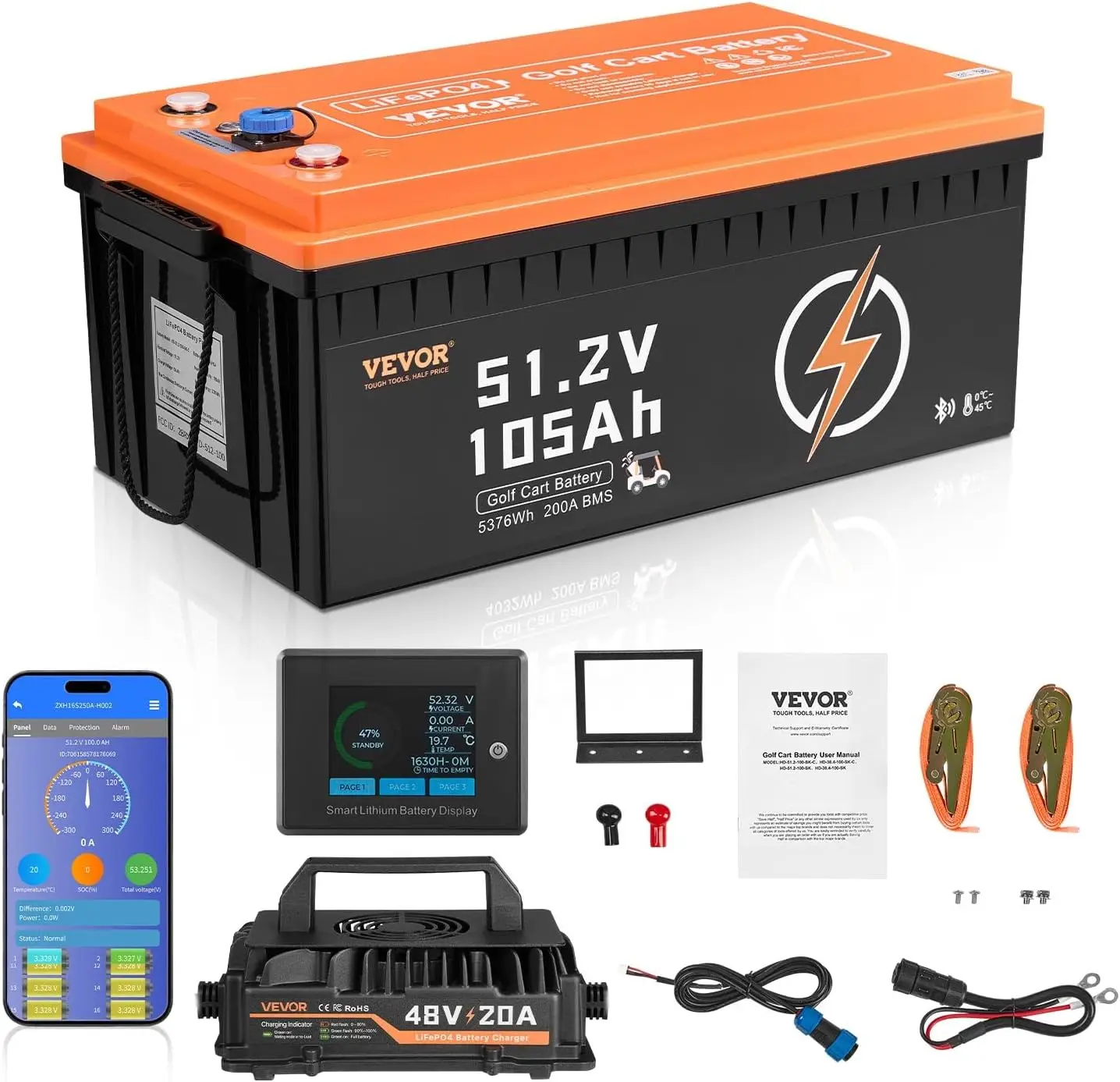 

VEVOR 48V 105Ah Golf Cart Lithium Battery, 48 Volt Golf Cart Battery with 200A BMS, LCD Monitor and Mobile APP, LiFePO4 Battery