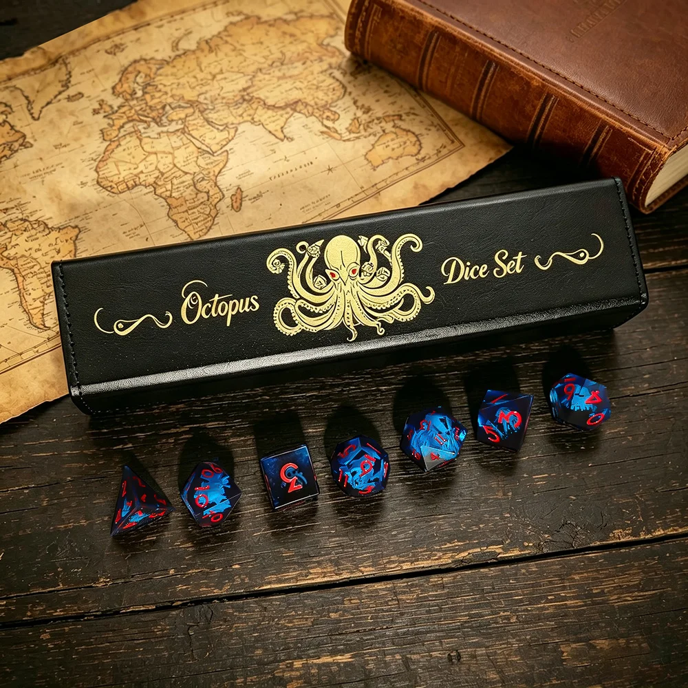 7Pcs Cthulhu Octopus Theme Resin Dice Set, Polyhedral Dice with Red Number, DND RPG Tabletop Role Playing Dice, Board Game Dice