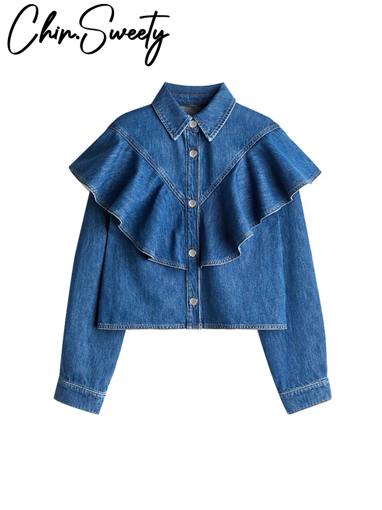 Modna, marszczona koszula dżinsowa damska z klapką i kołnierzykiem metalowy pojedynczy piersi z długim rękawem top na co dzień 2025 letni strój biurowy damski