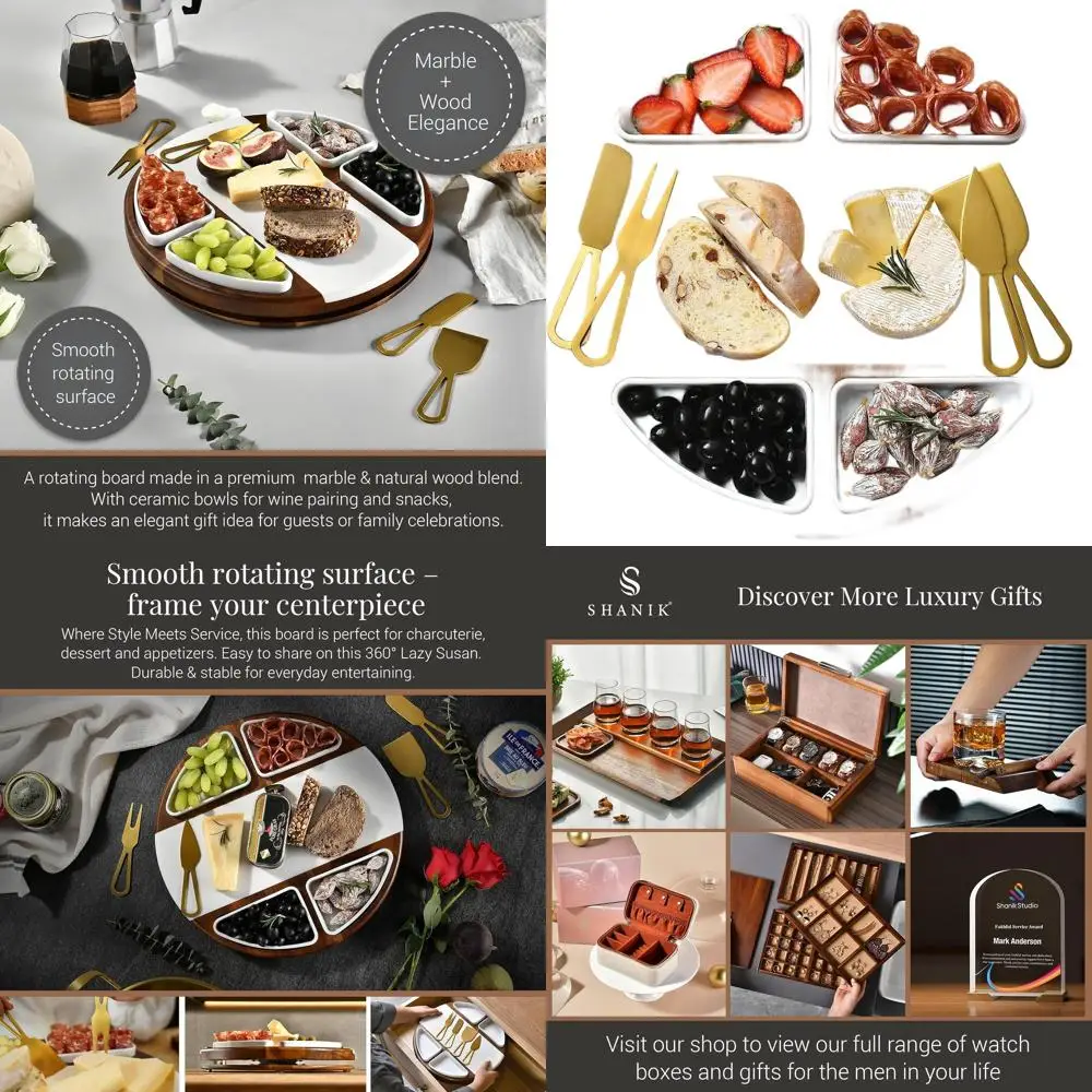 

Round Acacia Wood Cheese & Charcuterie Board Set with 4 Ceramic Dishes - Perfect Wedding & Shower Gift