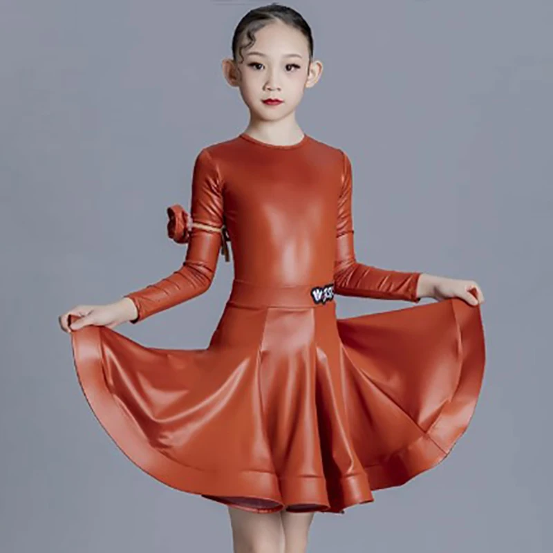 Kids Girls Modern Dance Children‘s Waltz Dance Latex Leather Bodysuit and Skirt Competition Practice Performance Dancewear