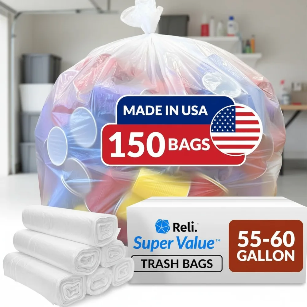 

Heavy Duty Trash Bags, 150 Count Clear Garbage Liners, 55-60 Gallon Capacity, Leak-Proof Star Seal