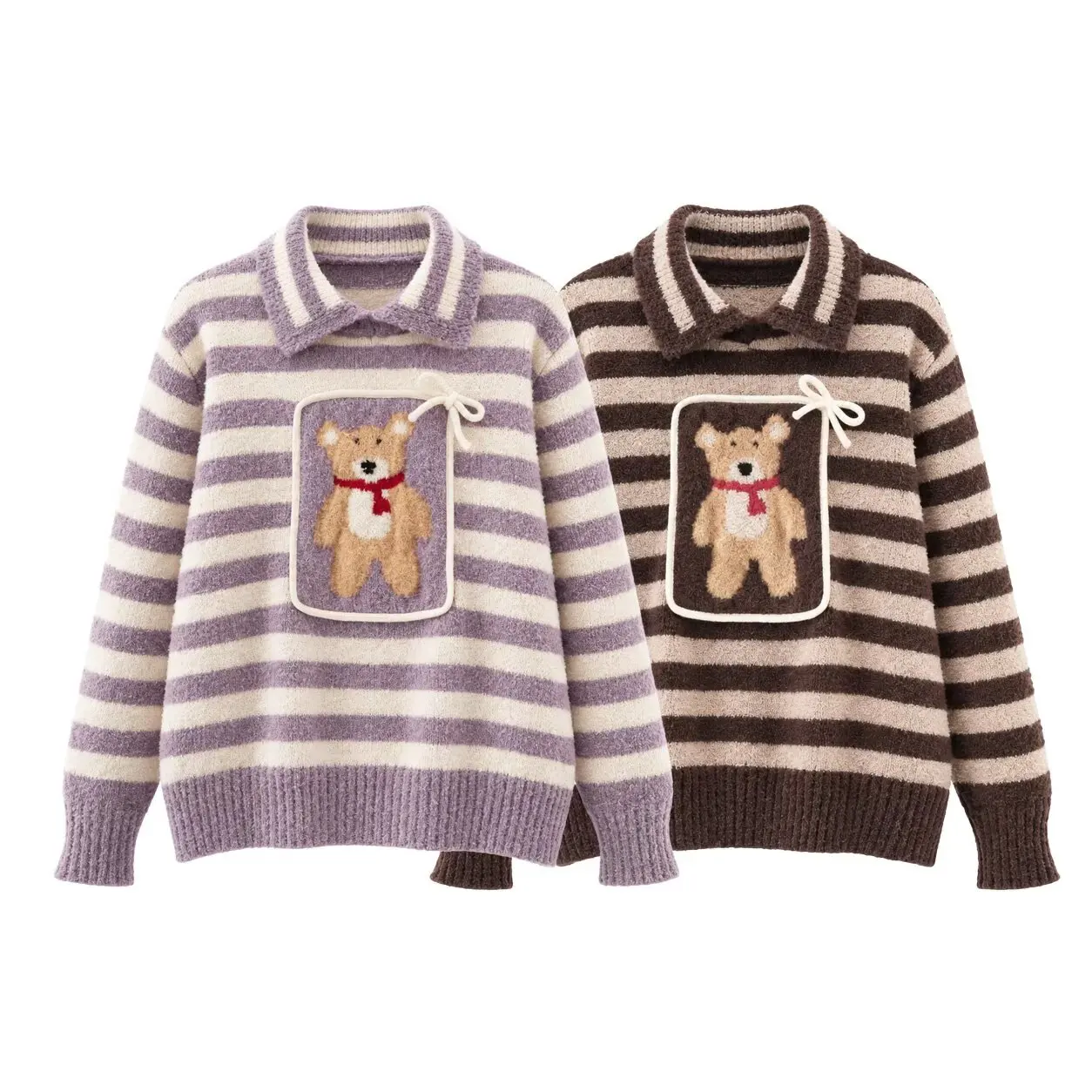 Guobioziy 2026 Autumn Cute Striped Polo Collar Sweater Women Teddy Bear Patch Pocket Soft Fuzzy Knit Top For Casual Daily Wear