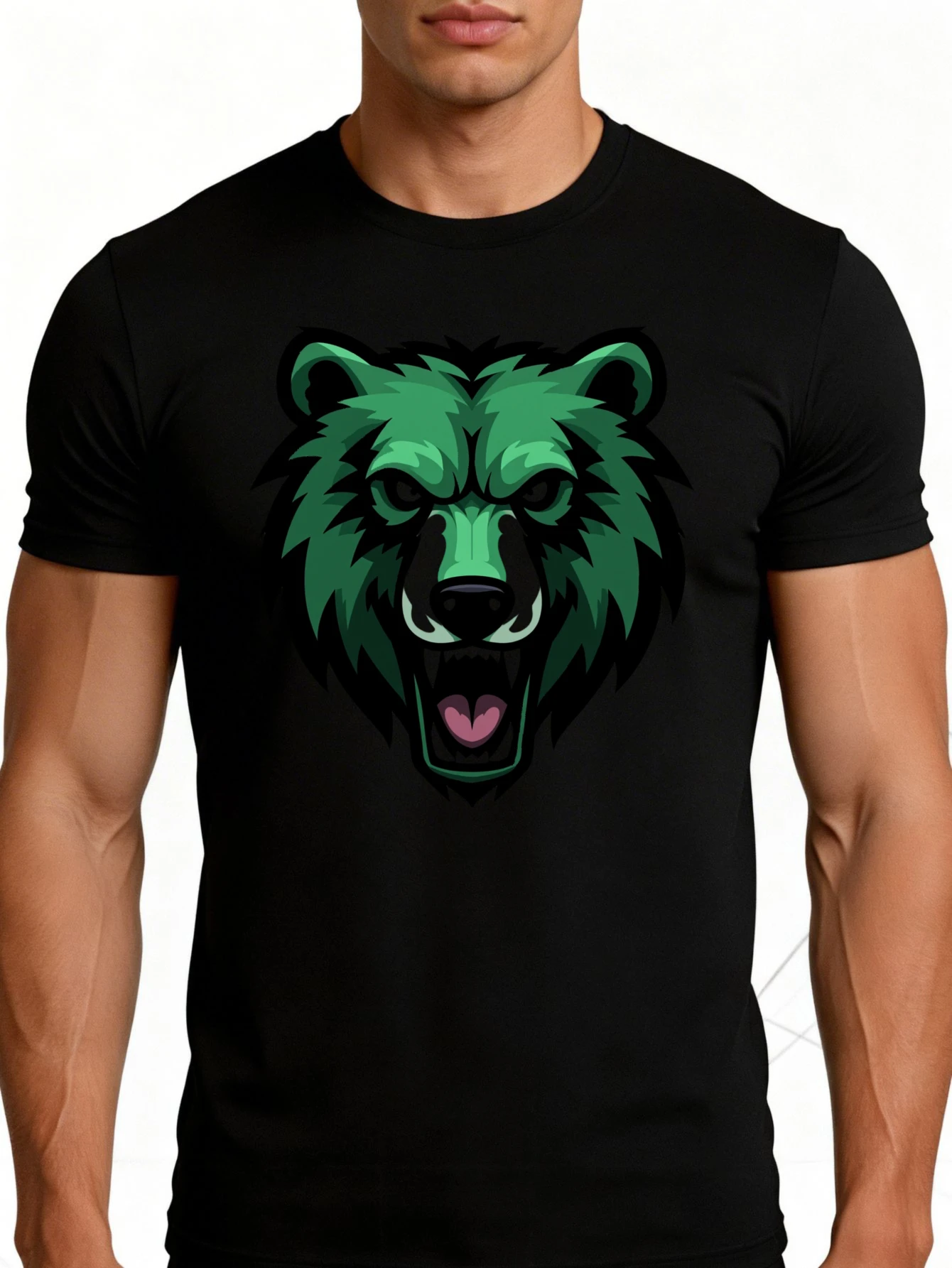 Men's Graphic T-Shirt - Breathable, Soft, Lightweight - Green Bear Head Design - Vintage Fun Pattern Casual Short Sleeve Summer Top, Gift for Him