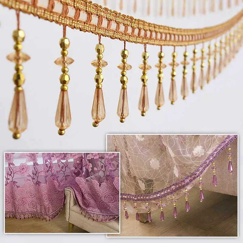 12 Yards/Lot Crystal Curtain Tassel Lace Trimming Sewing Ribbon Tassel Crystal Bead Fringe Upholstery Curtain Accessory