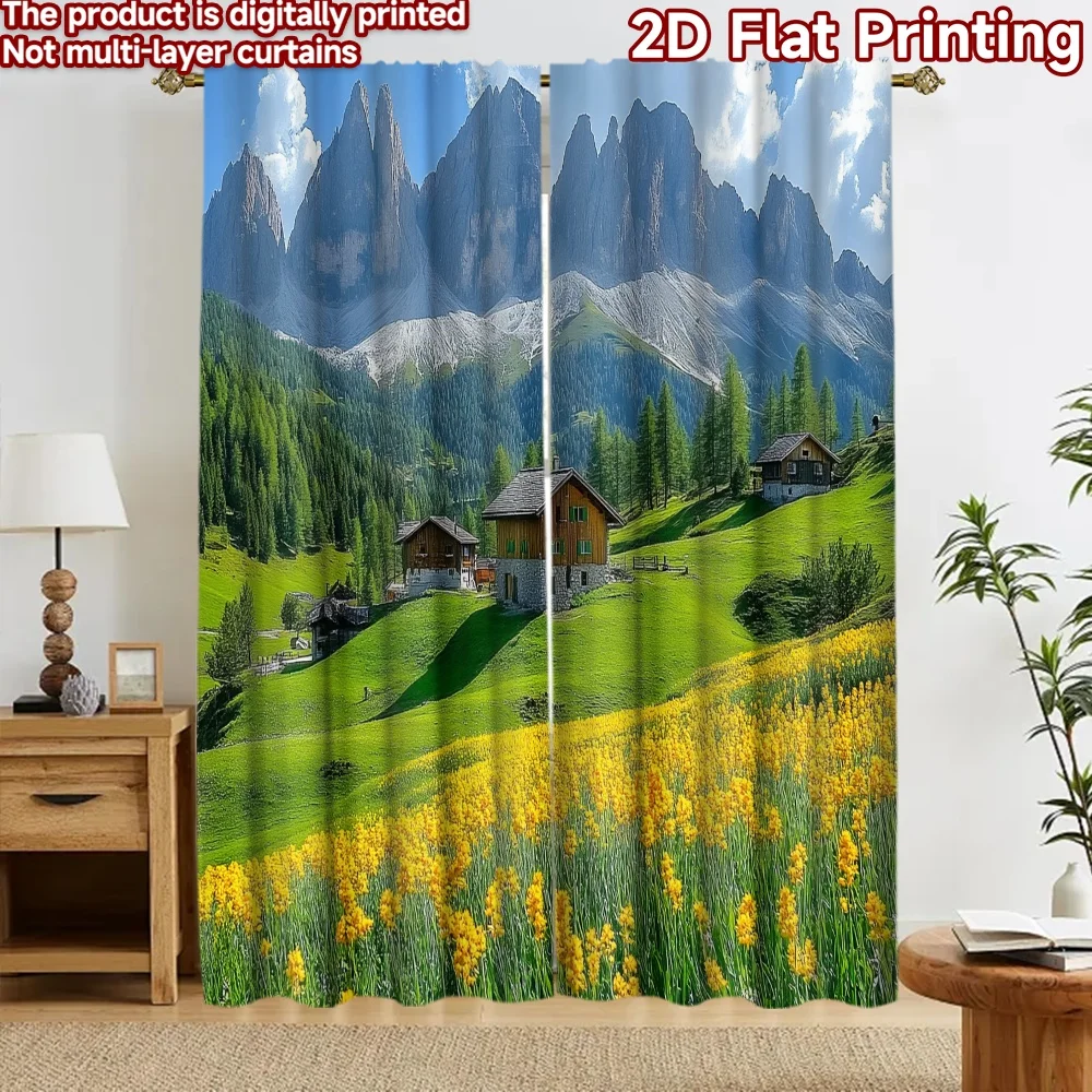 2D flat 2pcs Curtain Home Short Curtains Mountain Meadow Cabins Durable polyester fiber Festive Curtains Perfect for Indoor