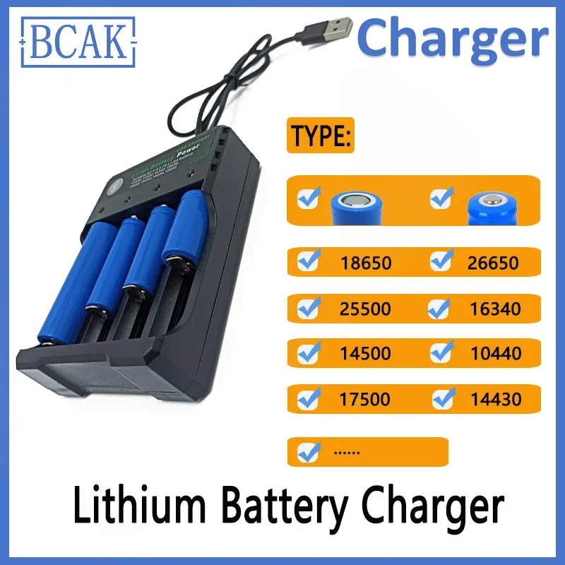 BCAK 4.2V 4 Slots Plastic Battery Charger with LED Indicator  for Lithium Batteries 18650 26650 25500 16340 14500 10440 17500