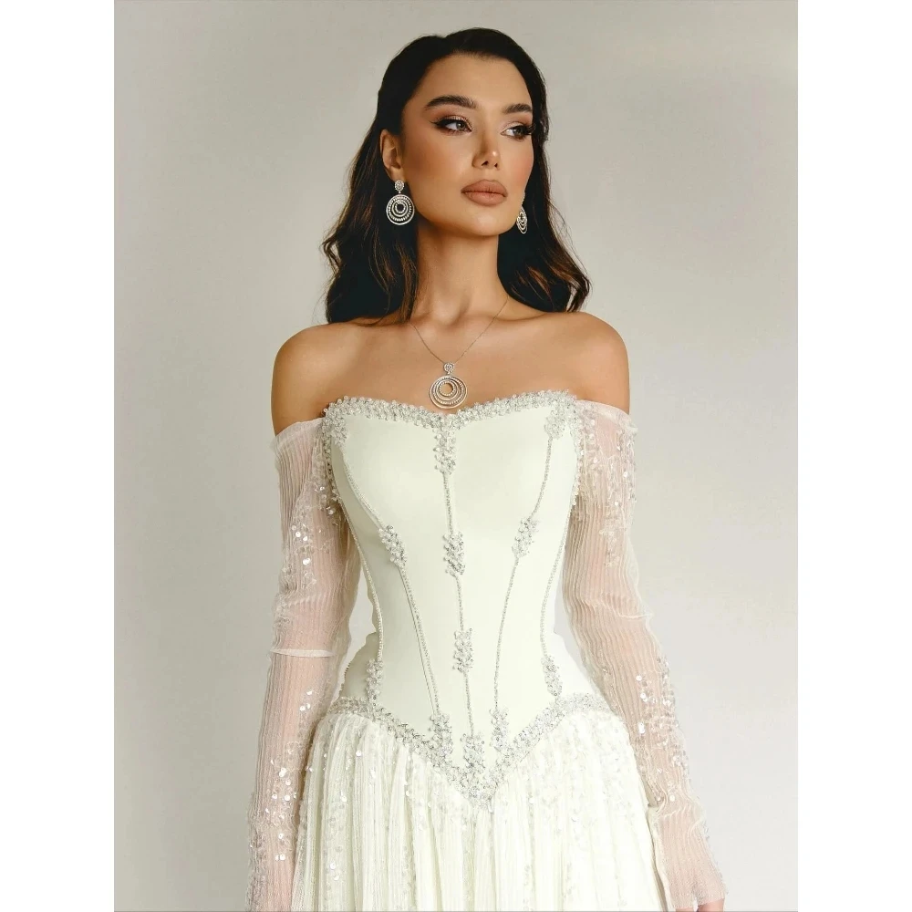 

Exquisite Boat Neck Cap Sleeve A-Line Prom Dress, Fashion Crystal Sequins, Draped Floor-Length Wedding Dress, Customizable.