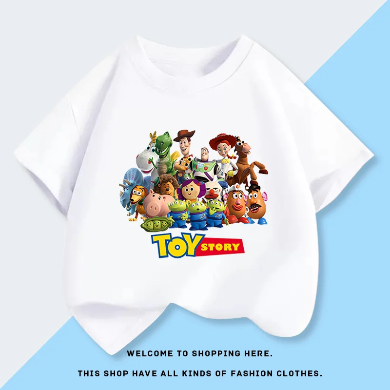 2025 قصة لعبة مطبوعة موضة الأطفال تي شيرت قصير الأكمام جديد الصيف الأولاد القطن الخالص ملابس الأطفال