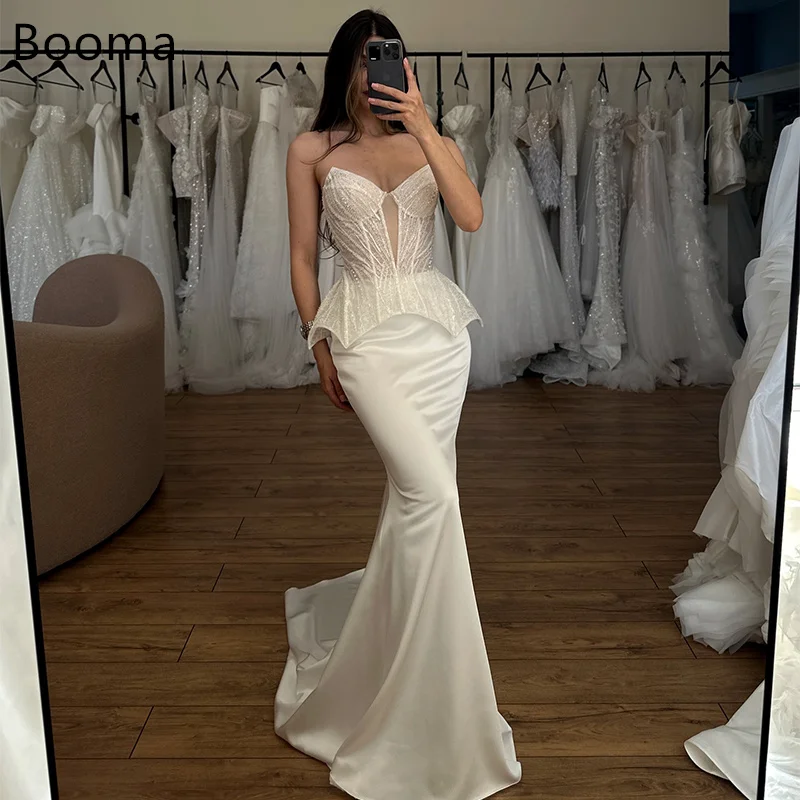 

Booma Mermaid Long Strapless Elegant Wedding Dresses V-Neck Shiny Satin Floor-Length Brides Gown Custom Made 2025