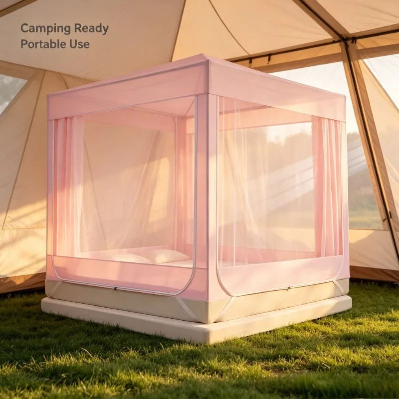 Full Enclosure Bed Canopy Mosquito Net with Anti-Fall Design & Pink Bowknot Decor for Bedroom Home Use Elegant Style