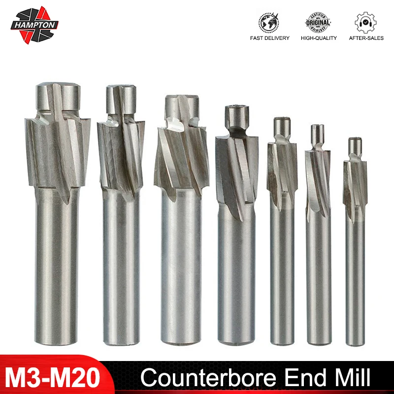 HAMPTON 4 Flute Counterbore End Mill M3-M16 Pilot Slotting Tool Milling Cutter Countersink End Mills Pilot Hole HSS Cutter