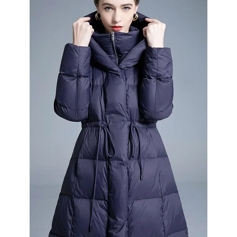 Winter 90 White Duck Down Jacket for Women Mid To Long Waist Cinched Hooded Down Jacket