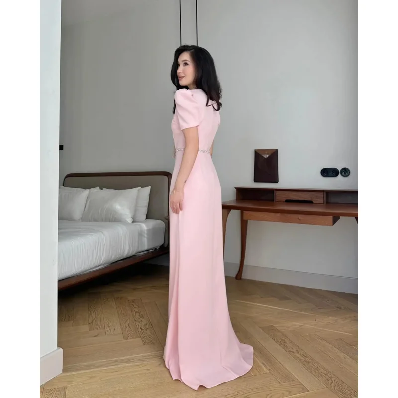 Indie Elegant Pink Short Sleeve Prom Dress Square Neck Beaded Party Evening Gown Floor Length Formal Occasion Gowns customized