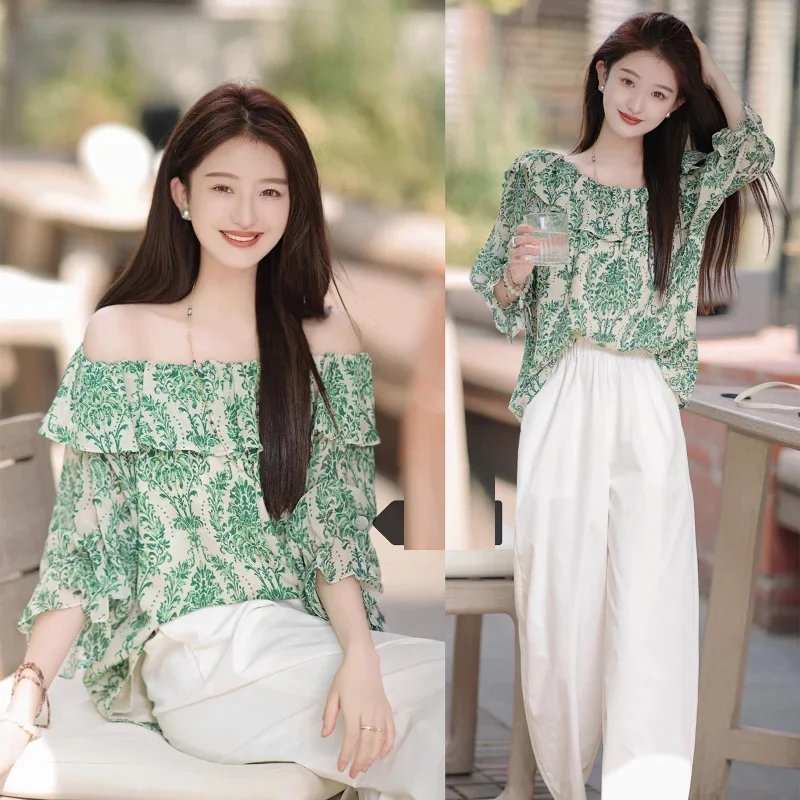 Ruffles Shirt Women 2024 Summer New Sweet Slash Neck Off Shoulder Tops Print Blouse Butterfly Sleeve Green Loose Clothes 27766