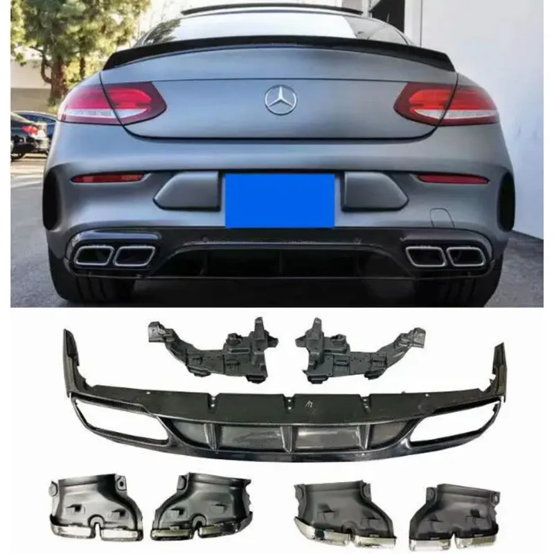 ED1 Real Carbon Fiber Rear Bumper Lip Diffuser Spoiler With Exhaust Tip For Benz W205 C63 C43 C63S Coupe AMG 2Door 2015-2020