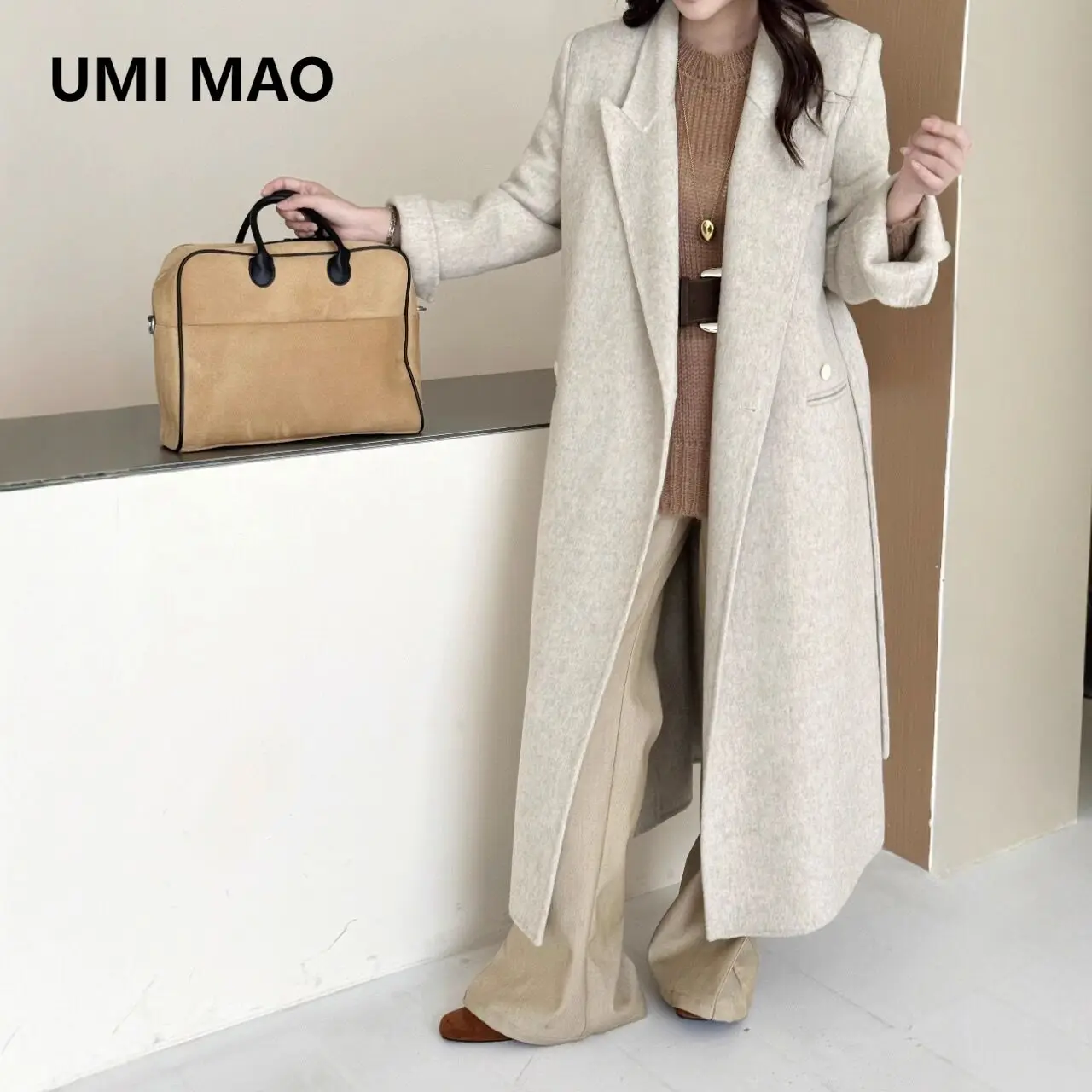 UMI MAO معطف صوف على الوجهين المرأة الجديدة الخريف الشتاء نمط السترة طوق منتصف طول هيبورن الصوفية معطف الإناث سترة