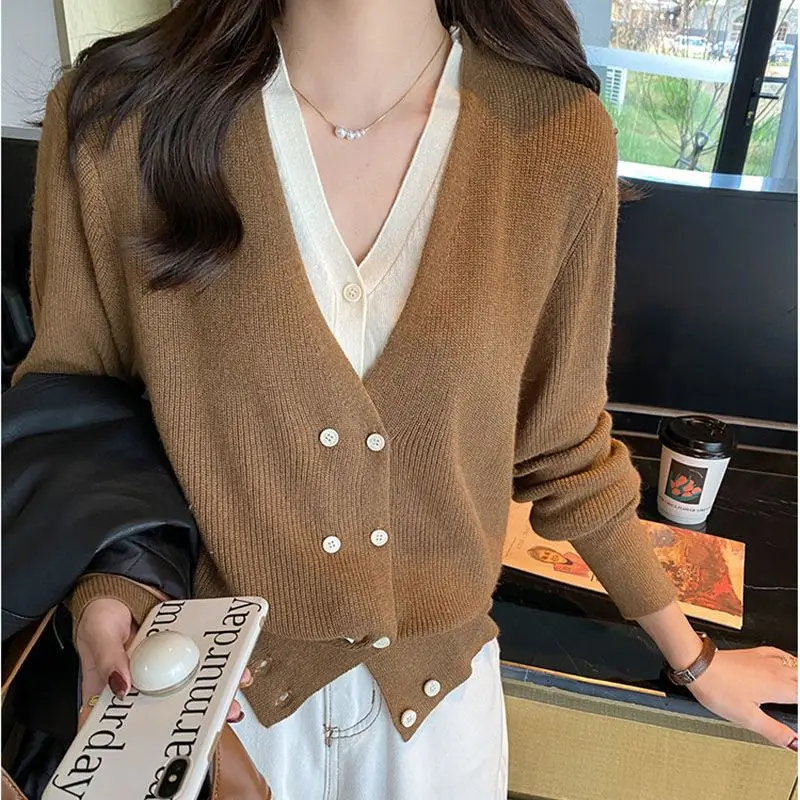 V-neck Patchwork Knitting Bottoming Shirt Women Autumn Winter Simplicity Solid Color Sweater Fashion All-match Knitwear Tops