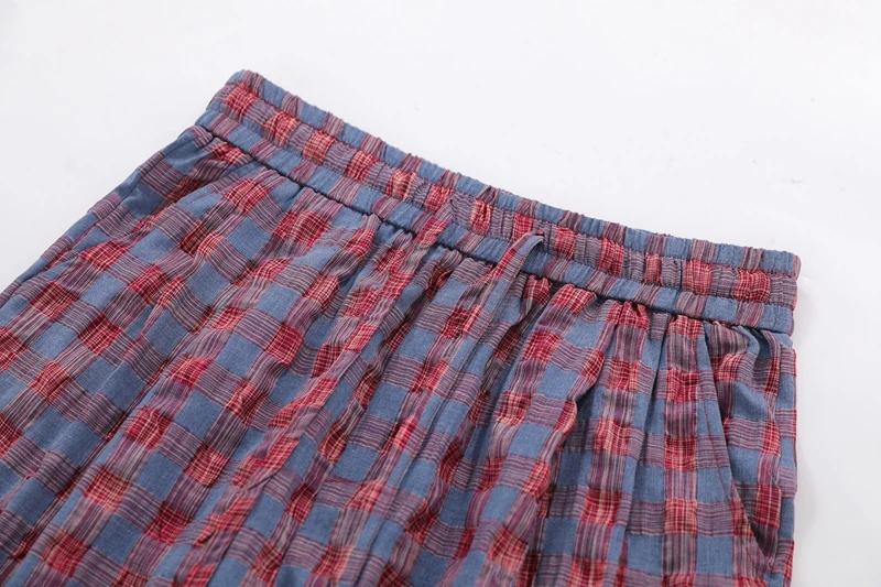 Kreppige, strukturierte, karierte Wide-Leg-Hose in Blau-Rot mit elastischem Bund, Lounge-Hose, Oversize-Vintage-Preppy-Freizeithose – Detail 12