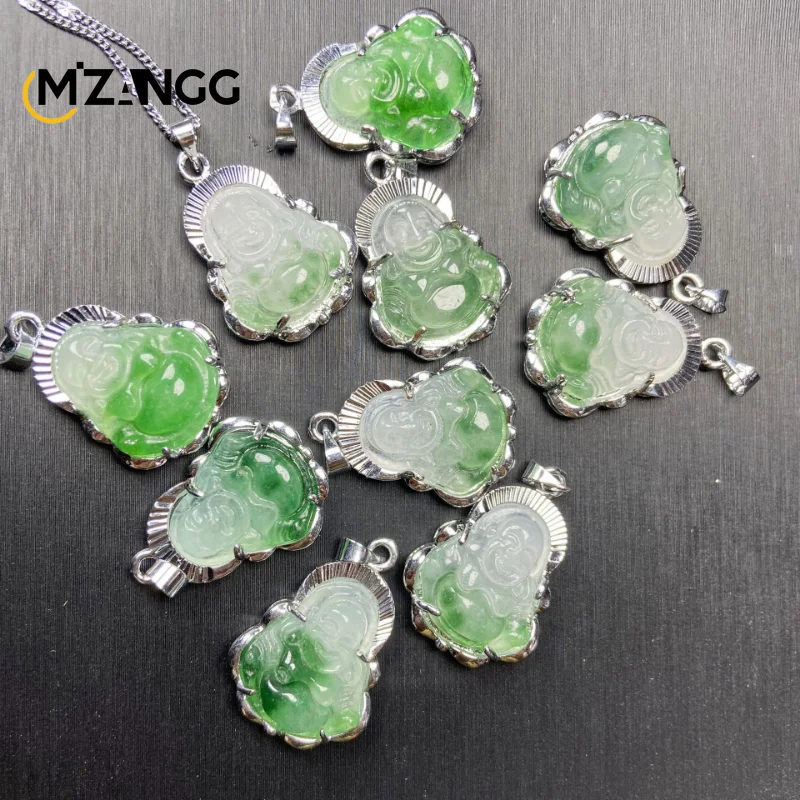 925 Silver Inlaid Jade Buddha Necklace Jadeite Ice Mini Maitreya Buddha Personalized Pendant Lucky Amulet