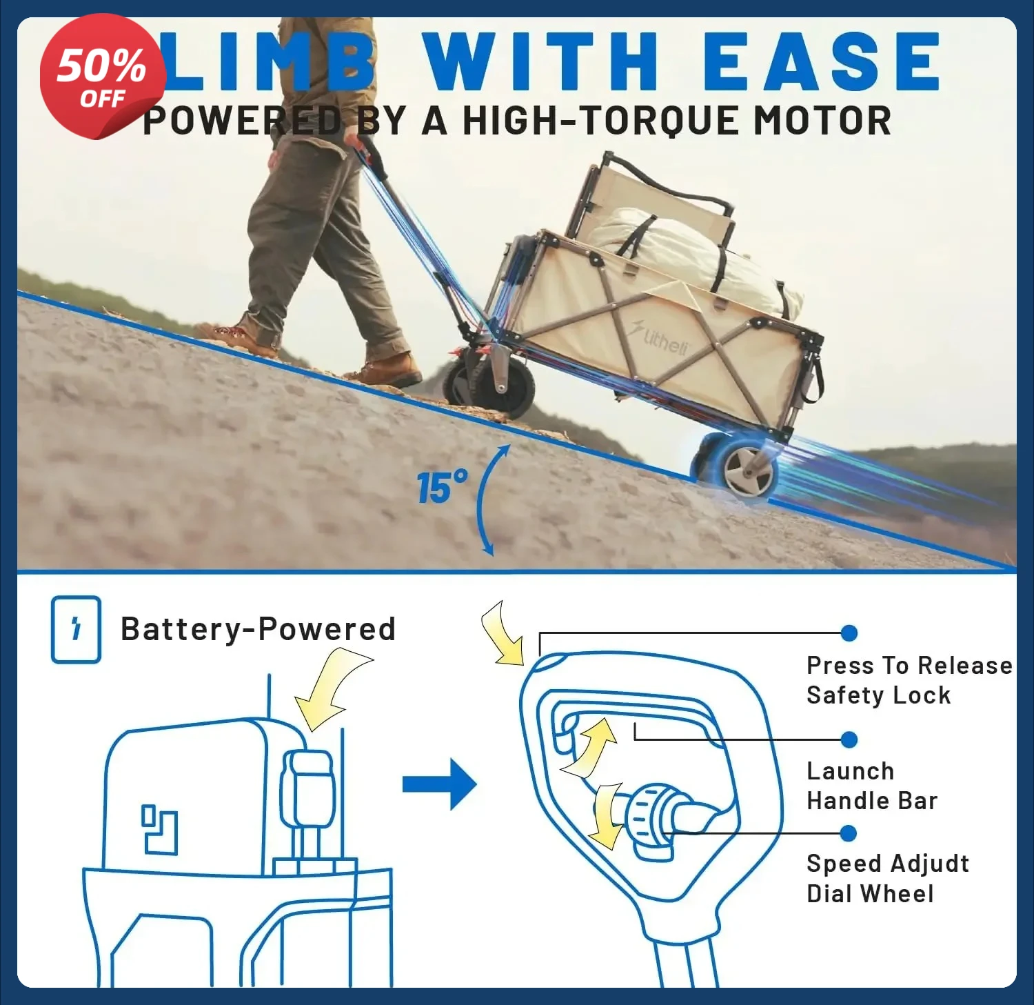 

Горячие продажиЭлектрическая универсальная тележка, емкость 200 л, нагрузка 300 фунтов, складная сверхмощная конструкция с вездеходными колесами, переменная