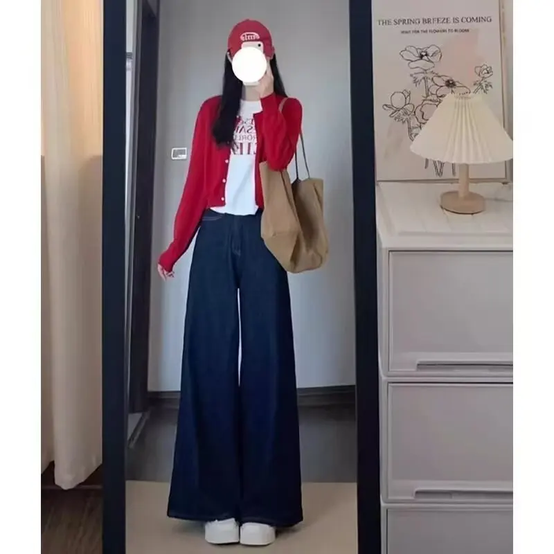 

Женские синие джинсы Thiened Fce с широкими штанинами, прямым кроем и высокой талией, осенняя новинка, свободный крой, эффект похудения