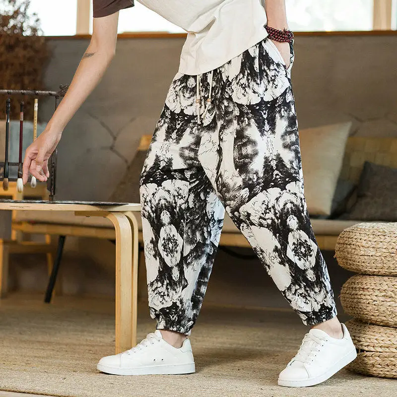 

Ink Wash Harem Pants for Men Chinese Landscape Print Drawstring Joggers with Ankle Cuffs Relaxed Fit Casual Streetwear for Men