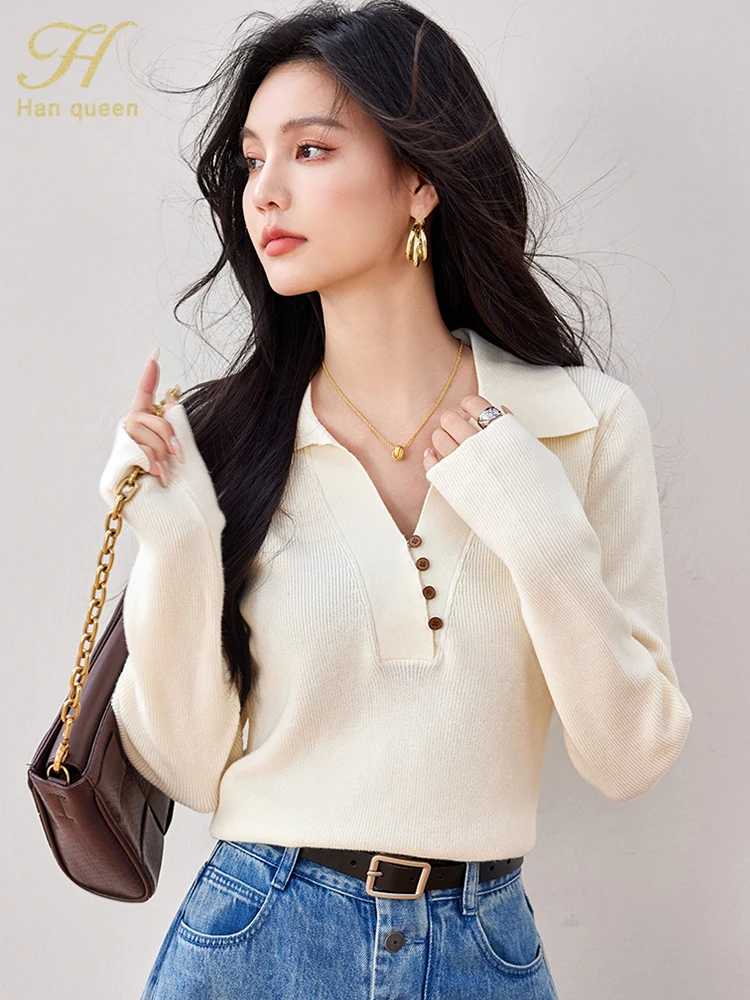 H Han Queen Autumn Winner Tops Loose Long Sleeve Women Sweaters Elegant Simple Vintage Casual knitted Pullovers Sweaters Female