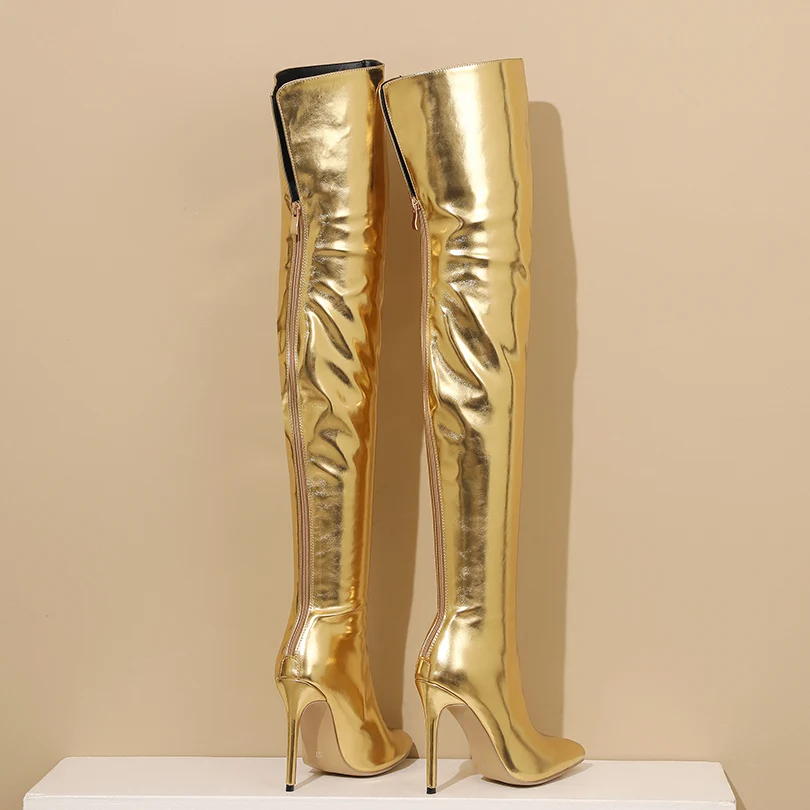 Bright Patent Leather Material Ultra-High Thin Pointed Sexy Over The Knee Boots Breathable Inner Lining Zipper Sewing Long Boots