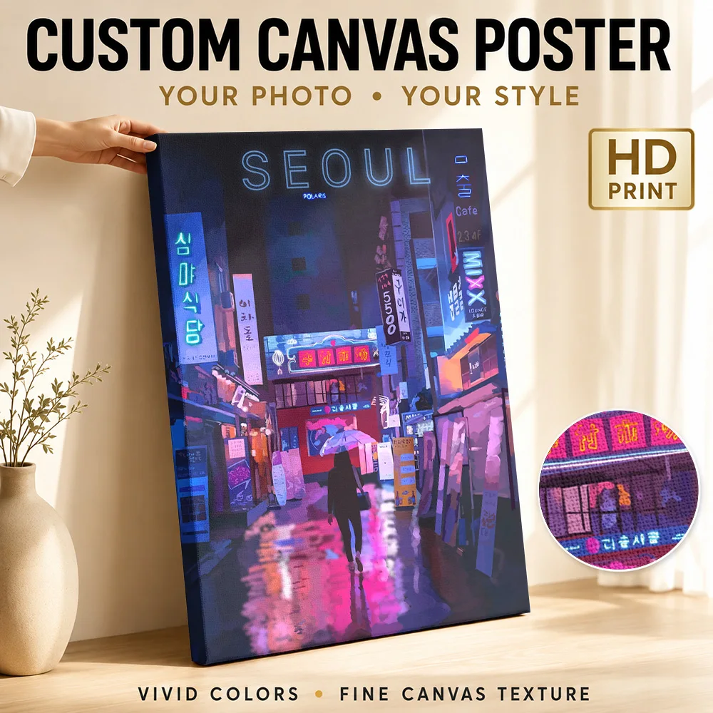 Seoul Nightstreet Framed Canvas Print Poster Custom Modern Aesthetic Canvas Wall Art for Bedroom Decor Ready to Hang Home Gift