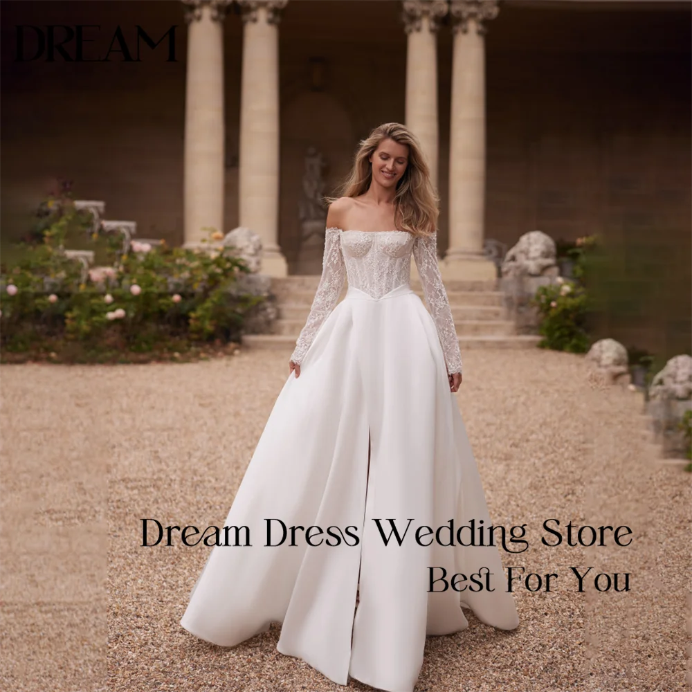 Dream Customized Elegant Wedding Dress Off-the-Shoulder Lace Long Sleeves Corset Satin High Slit Ball Gown Train Bridal Gowns