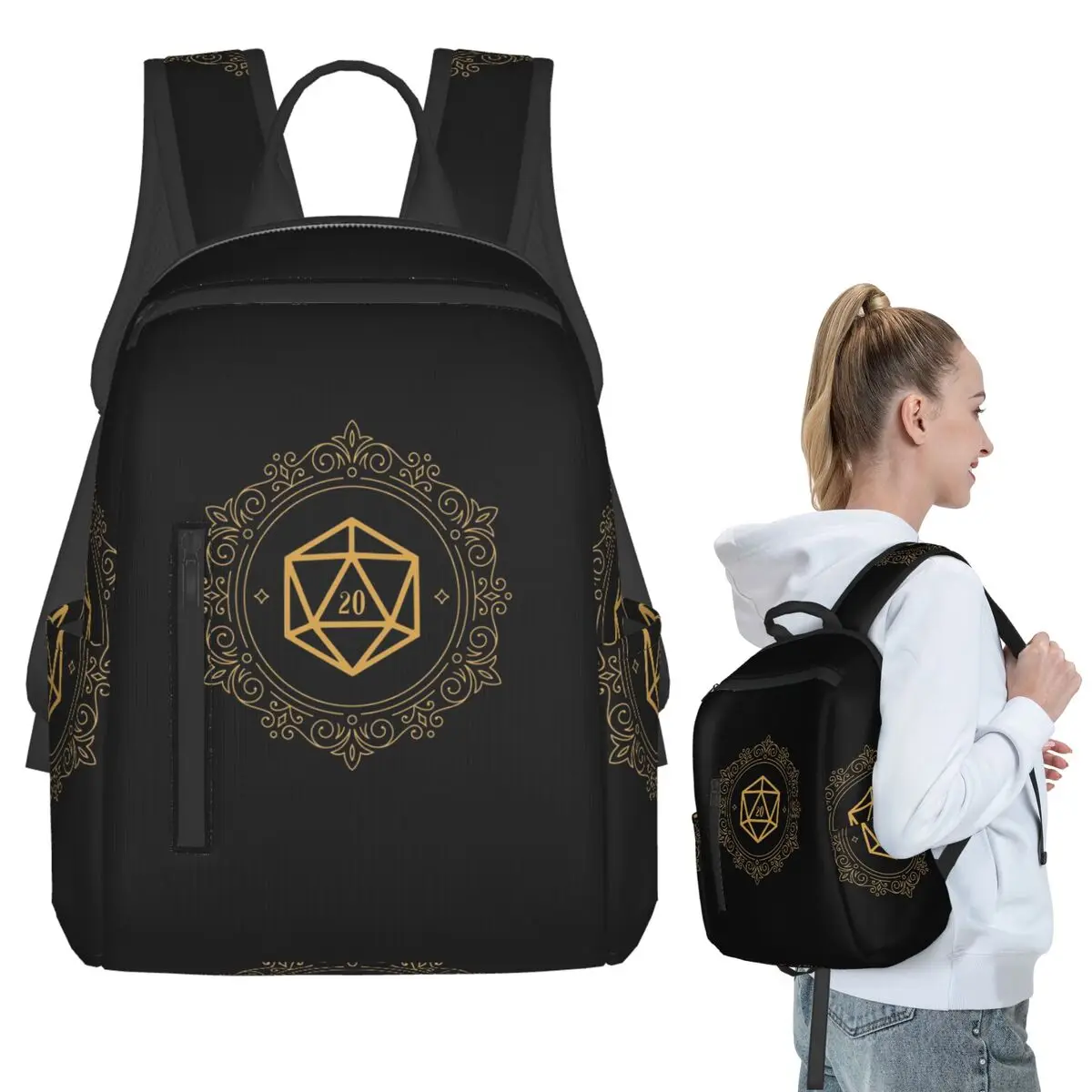 

Polyhedral D20 Dice Monogram Bronze Tabletop RPG Backpack Student BookBag Kids School Bag Computer Shoulder Bags Men Women