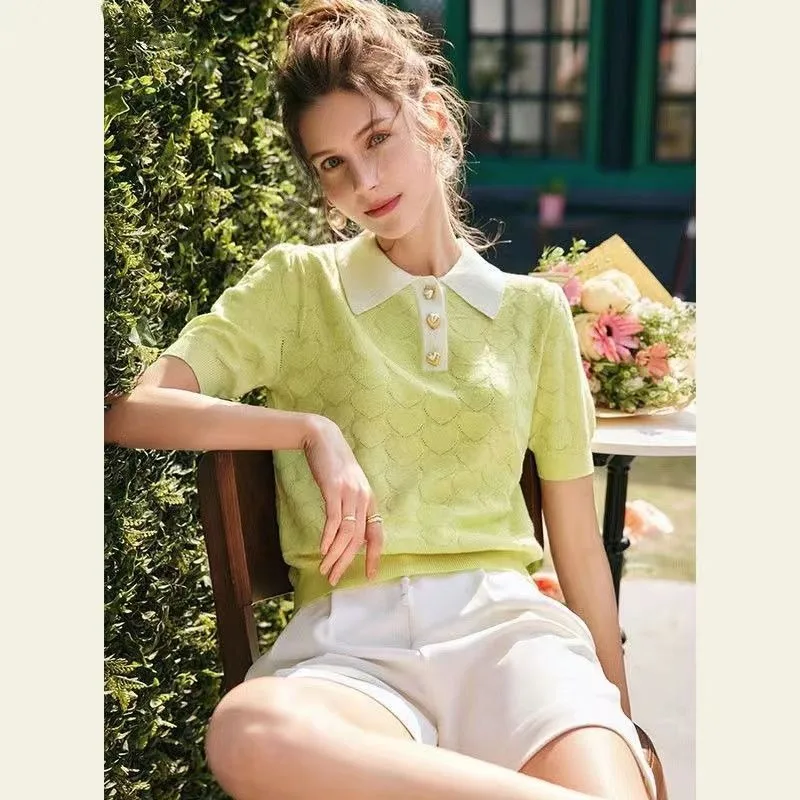 

Women Summer Simplicity Office Lady Loose Solid Color Short Sleeve Thin Knitwear Ladies Fashion Trend All-match Temperament Tops