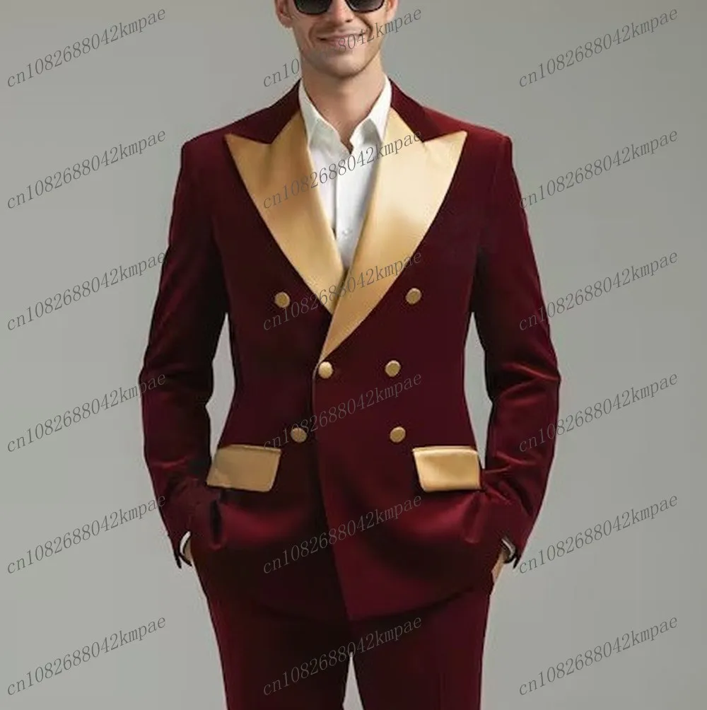 

Золотой цвет, бордовый бархатный мужской костюм, формальный жених, жених, свадебная вечеринка, выпускной, мужской деловой смокинг, комплект из 2 предметов, блейзер, брюки