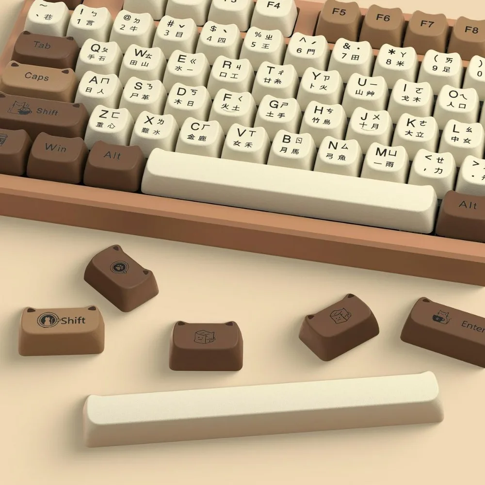 Zestaw Keycapów Coffee Cat, Profil MAO, Artystyczne Nakładki na Klawisze, Uroczy Kot, PBT Taiwan Point, Nakładki na Klawiaturę Gamingową, Akcesoria do Przełączników MX