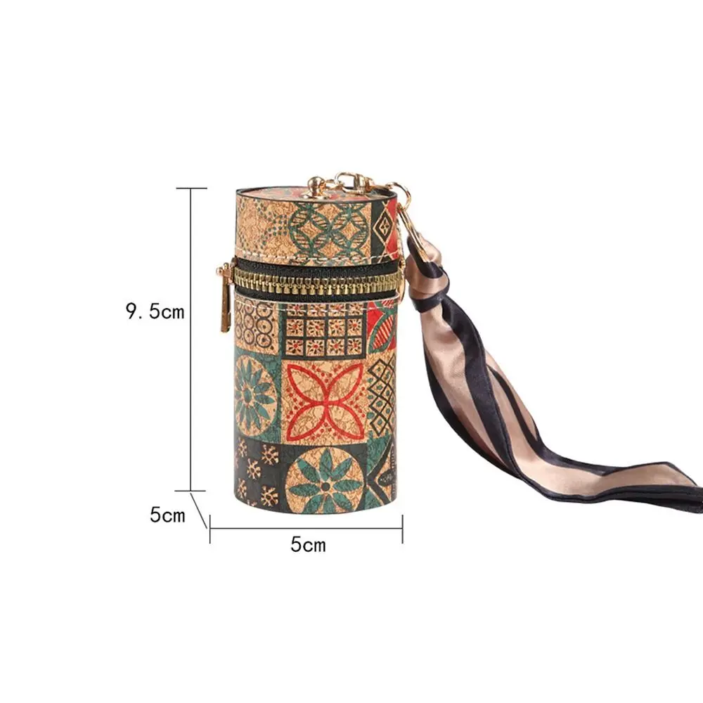 Retro PU Mini Lipstick Bag Cylindrical Cartoon Printed Bucket Bag Wood Grain Key Coin Purse for Woman Girls