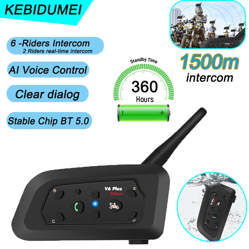 Kebidumei V6 PLUS Motorcycle Bluetooth Helmet Intercom Headset Noise reduction Music Player 850mAh 1500M intercom for 6 Riders