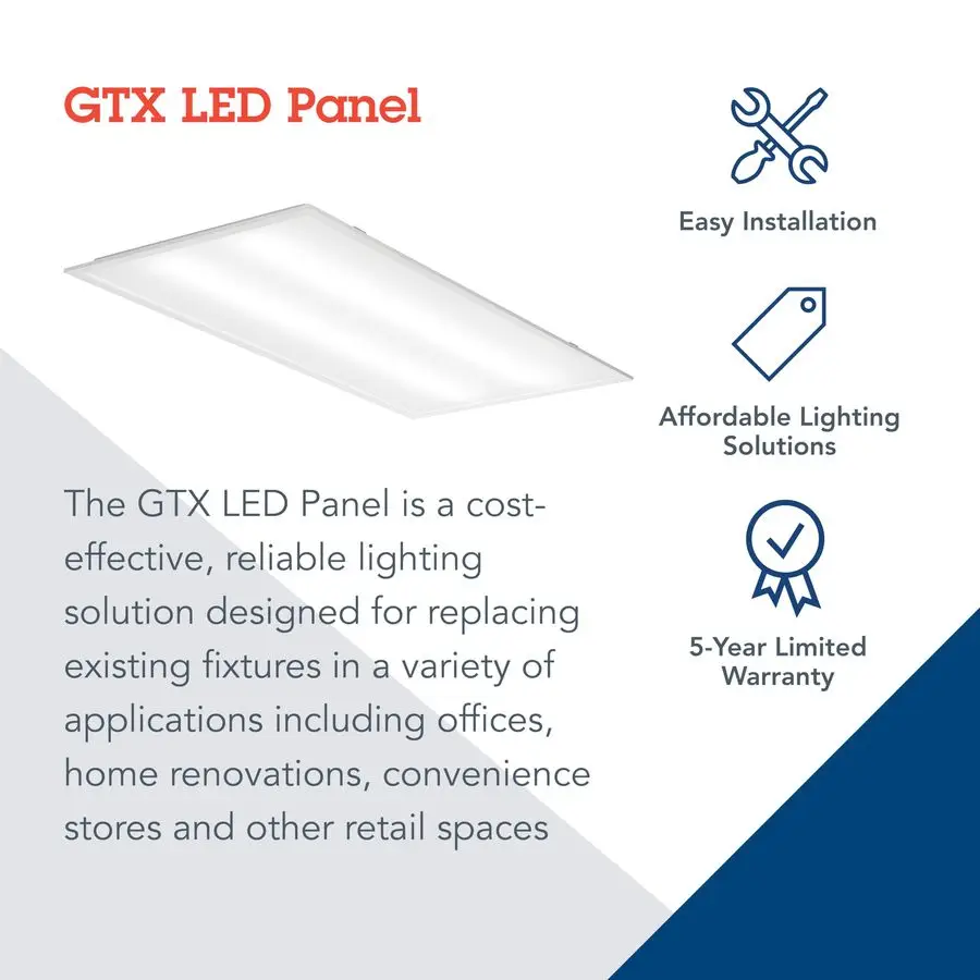 GTX 2x4 LED Flat Panel Light, 2 ft. x 4 ft. LED Light Panel, Ceiling Lighting Fixture for Shop Lighting, Back Lit, 5000 Lumens,